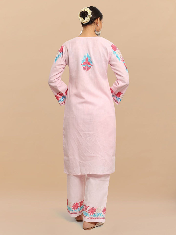 HOUSE OF KARI Floral Embroidered Thread Work Falak Kashmiri Straight Kurta With Trousers