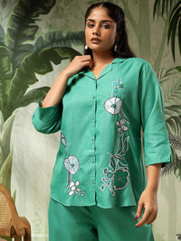 Bani Women Plus Size Floral Embroidered Shirt Collar Shirt & Palazzo