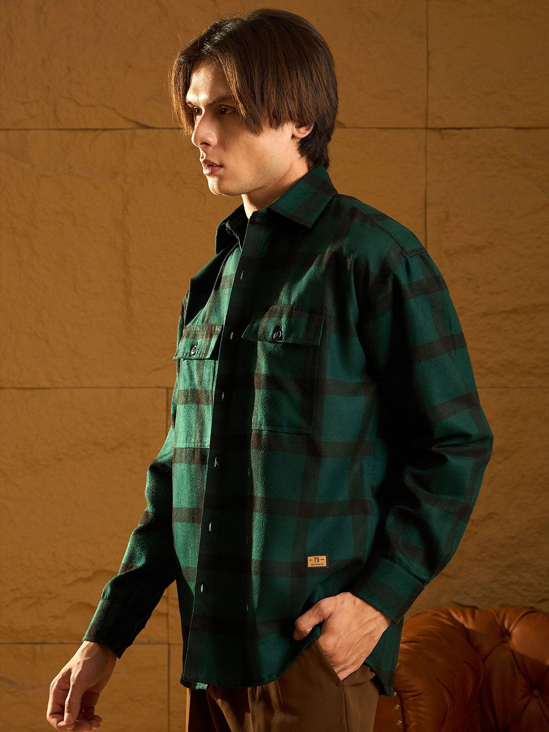 DENNISON Men Double Pocket Drop Shoulder Oversized Cotton Checked Shacket