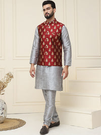SOJANYA Mandarin Collar Silk Cotton Straight Kurta dengan jaket Churidar & Nehru