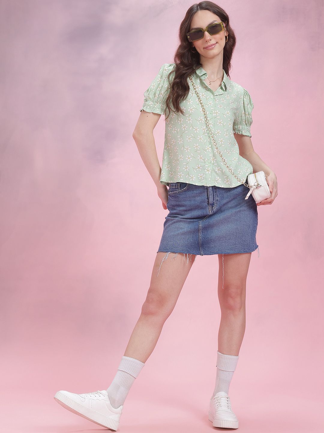 DressBerry Floral Print Puff Sleeve Shirt Style Top