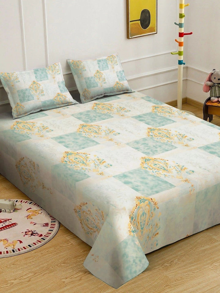 KLOTTHE Green Geometric Printed Flat 400 TC King SIze 7D Bedsheet with 2 Pillow Covers