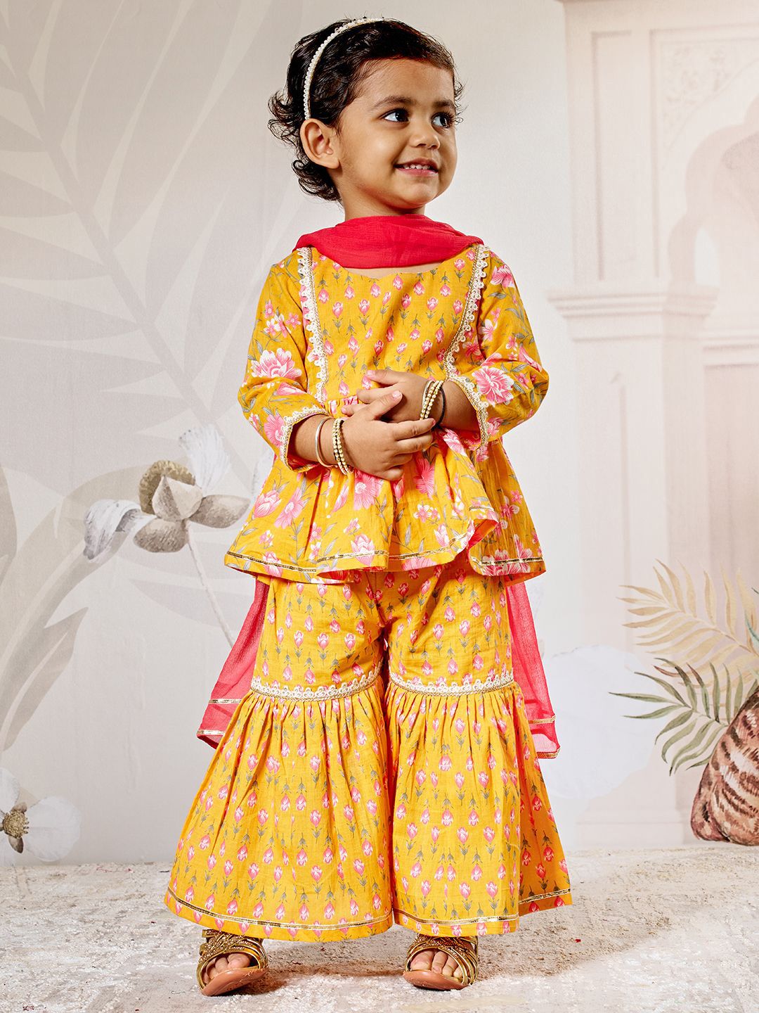 VASTRAMAY Girls Floral Printed Cotton Anarkali Kurta with Sharara & Dupatta