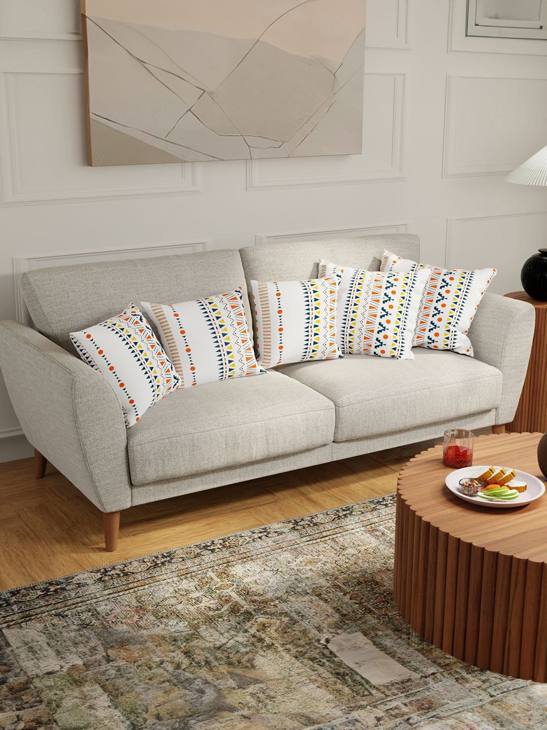 URBAN SPACE White & Orange 5 Pieces Geometric Printed Cotton Square Cushion Covers