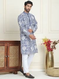 Jompers Floral Embroidered Thread Work Mandarin Collar Straight Kurta With Pyjamas