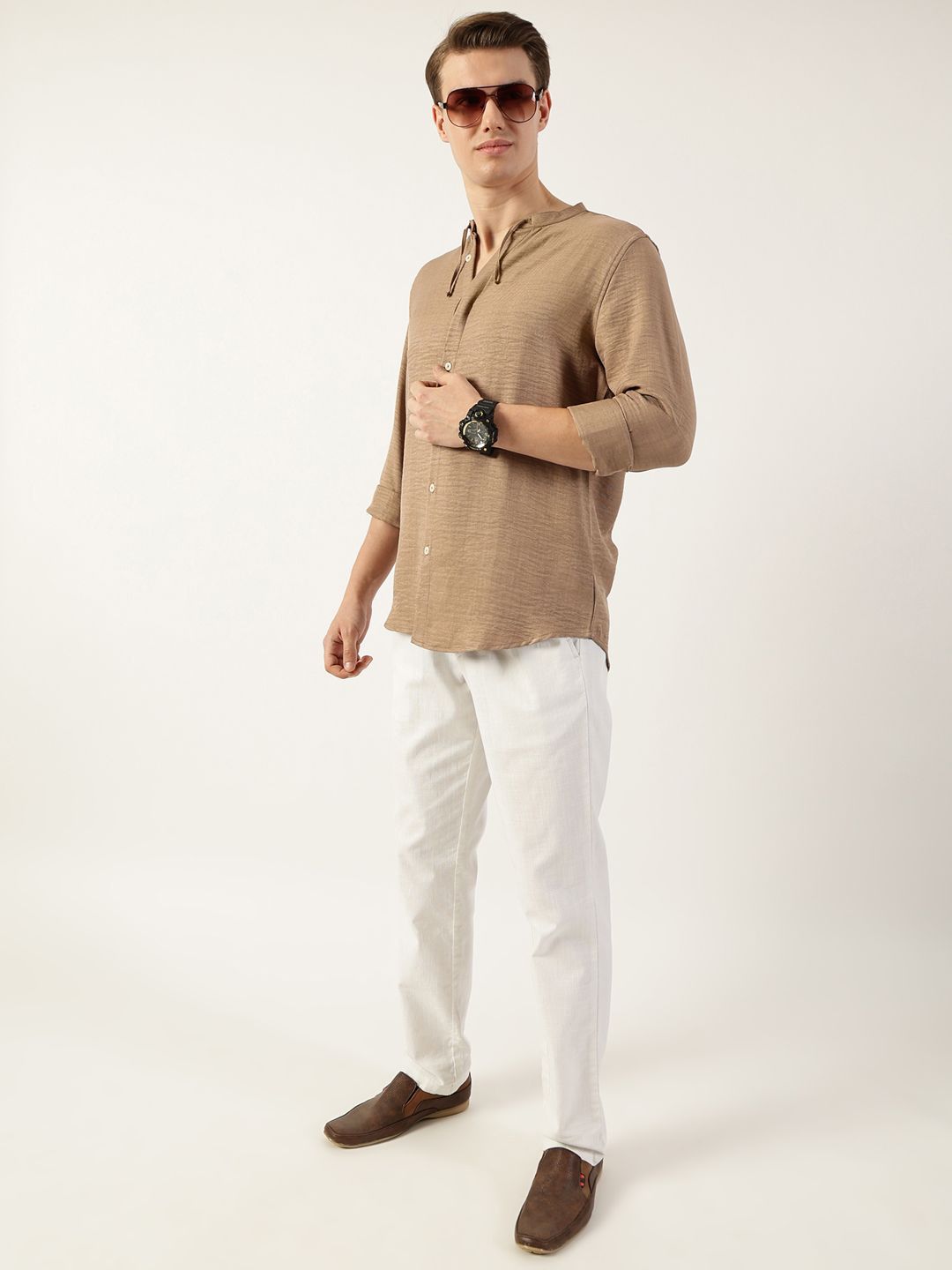 Thomas Scott Men Classic Mandarin Collar Solid Slim Fit Casual Shirt