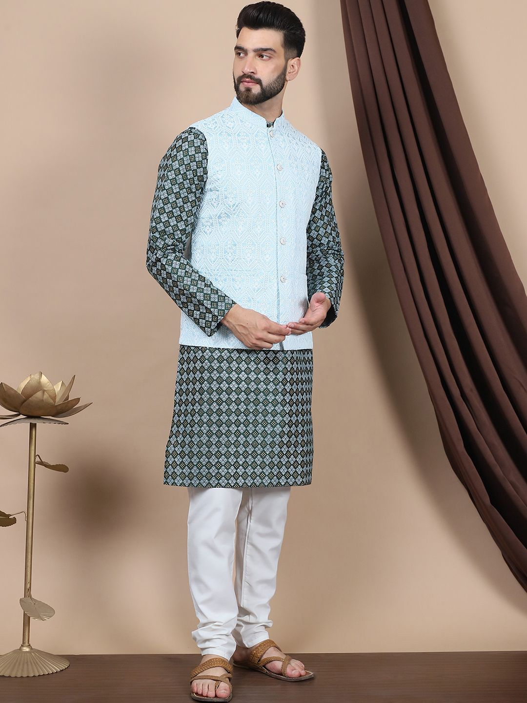 Anouk Green Ethnic Motifs Printed Straight Kurta with Churidar