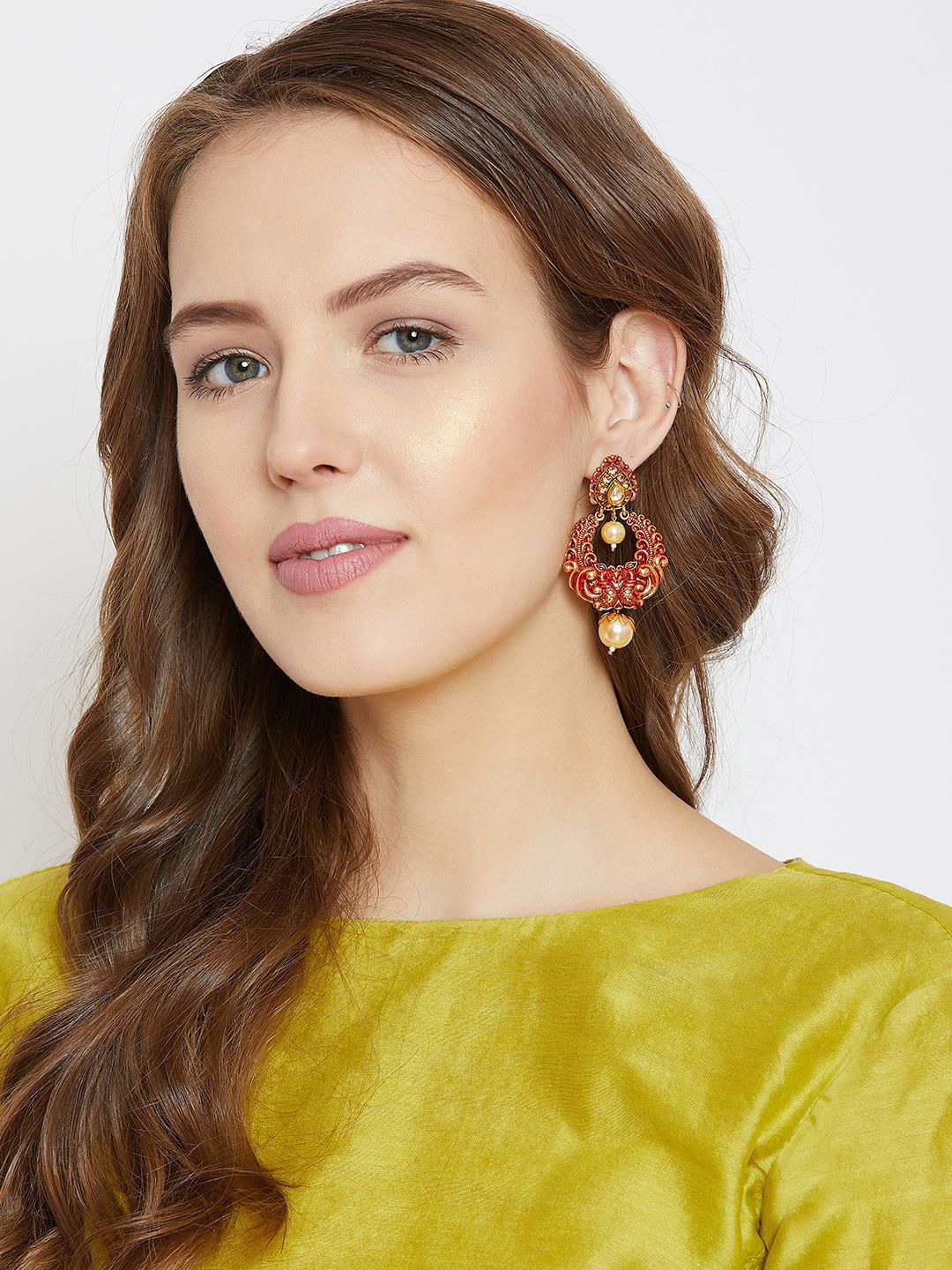 Anouk Gold-Plated Artificial Stones Studded & Beaded Contemporary Drop Earrings