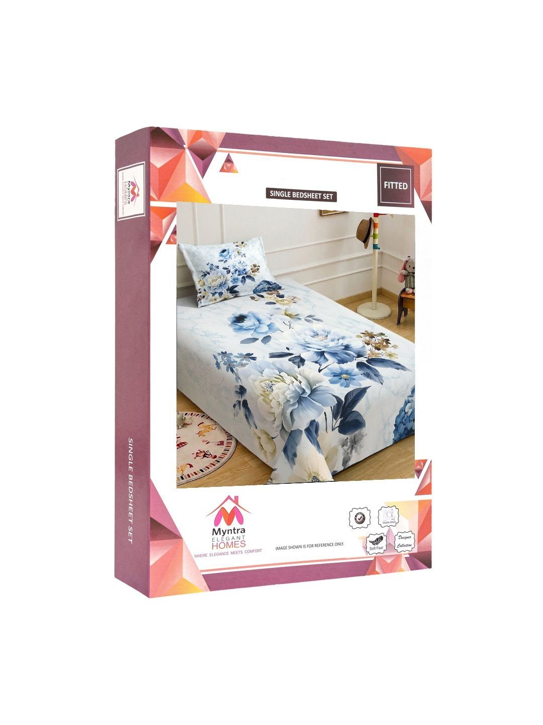 Myntra Elegant Blue Floral Printed Fitted 400 TC Single 7D Bedsheet & 1 Pillow Cover