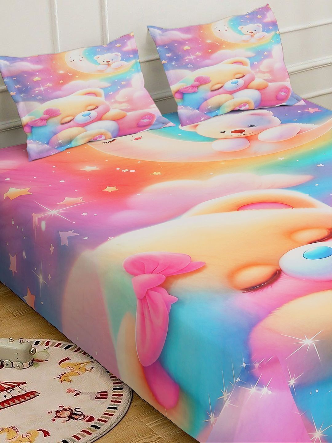 Klotthe Cartoon Printed 400 TC Double King 7D Bedsheet With 2 Pillow Cover-2.50m x 2.25m