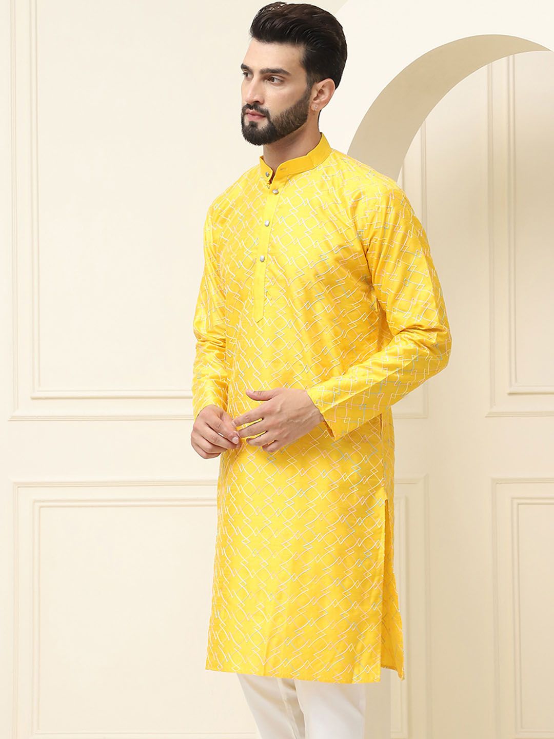 SOJANYA Geometric Embroidered Band Collar Long Sleeves Silk Straight Kurta