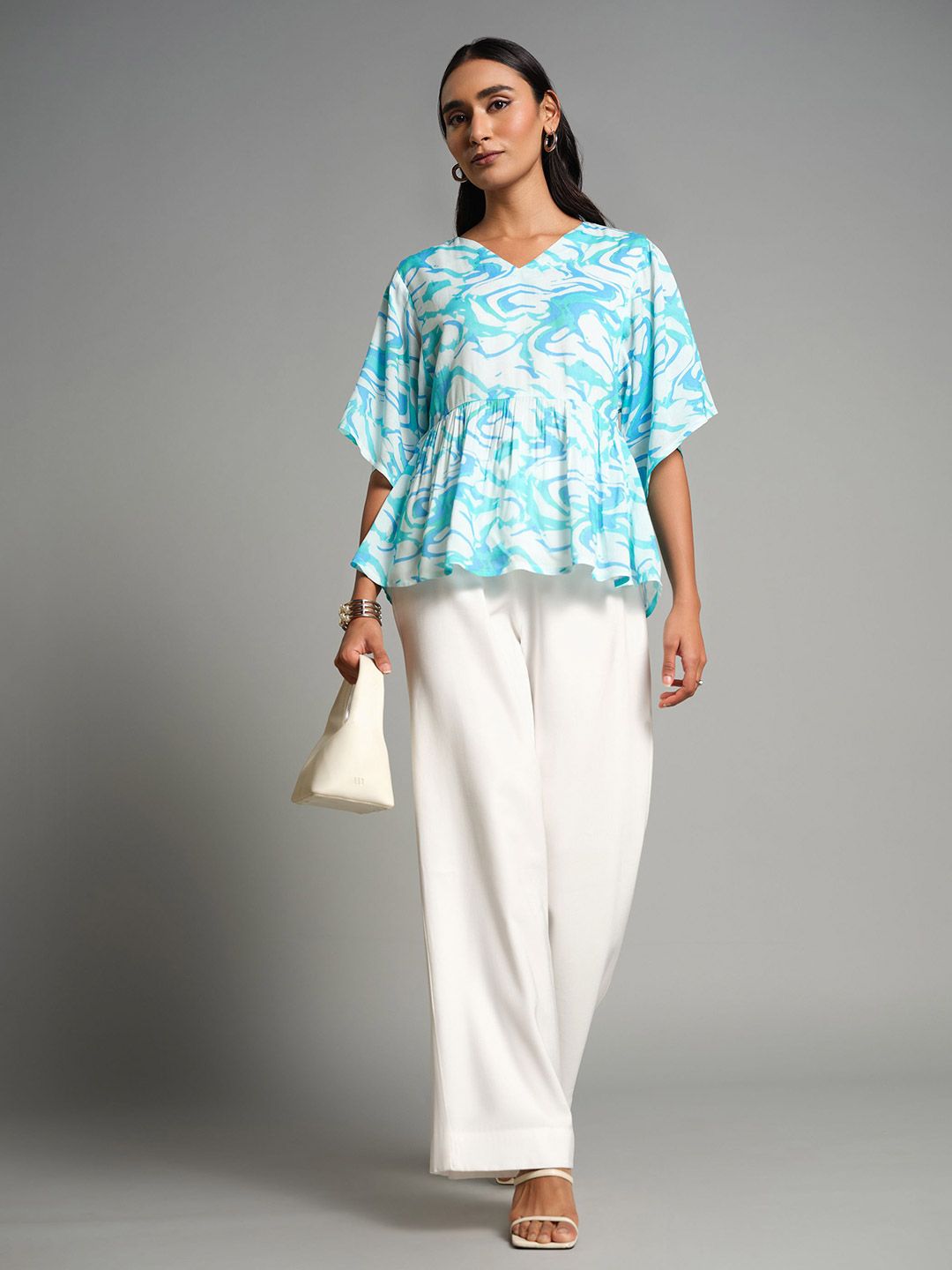 AND Floral Print Puff Sleeve Peplum Top