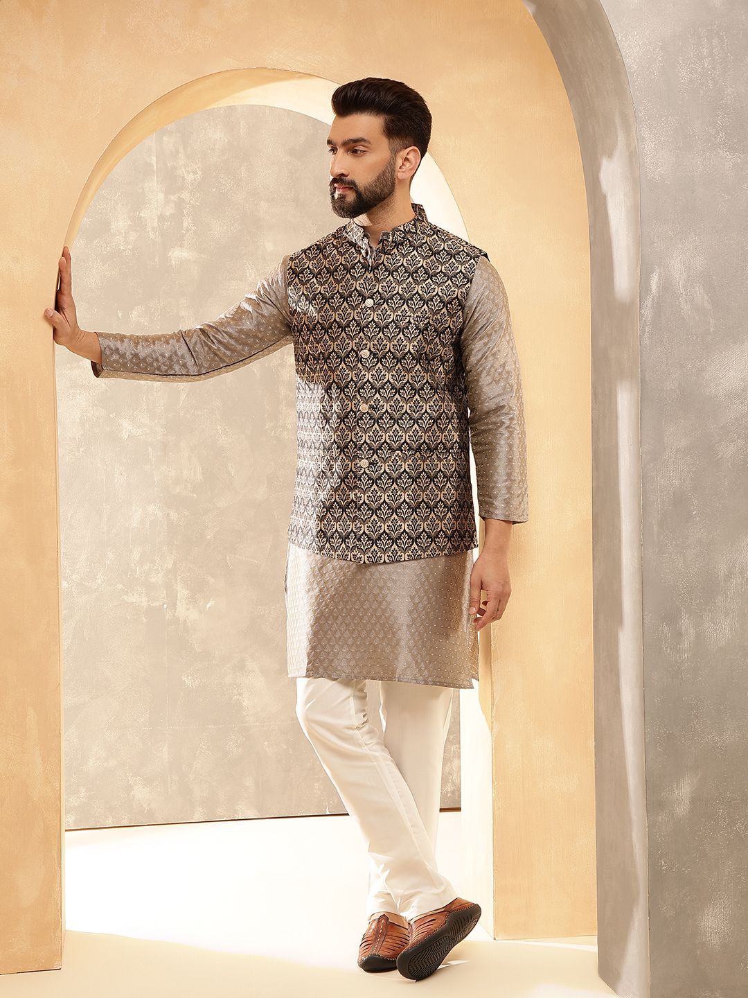 Anouk Grey Embroidered Mandarin Collar Jacquard Silk Kurta With Pyjama And Nehru Jacket
