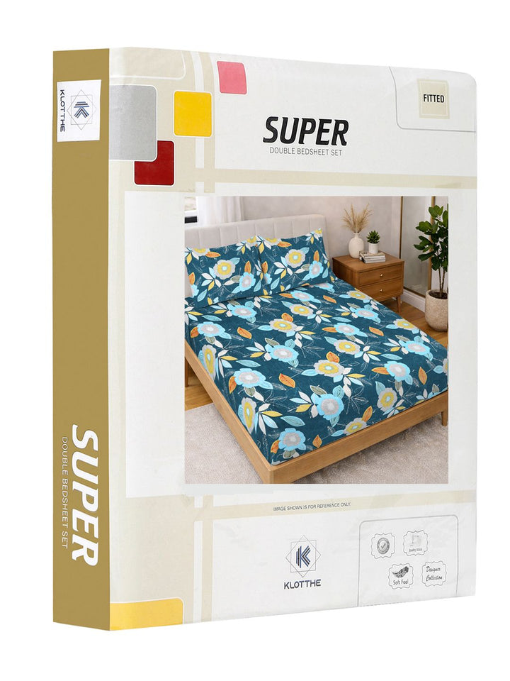 KLOTTHE Biru & Putih Bercetak 300 TC Cadar Katil Double Dengan 2 Sarung Bantal- 2.5 m x 2.25 m