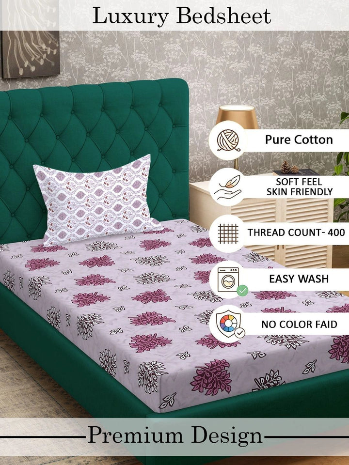 Myntra Elegant Homes Ungu & Lavender Floral 400 TC Cadar Tempat Tidur Single dengan 1 Sarung Bantal