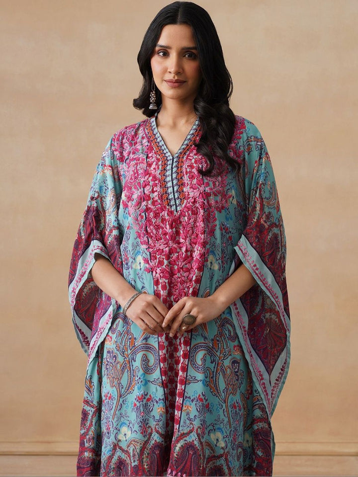 House of Chikankari Women Blue Printed Crepe Kaftan Kurta