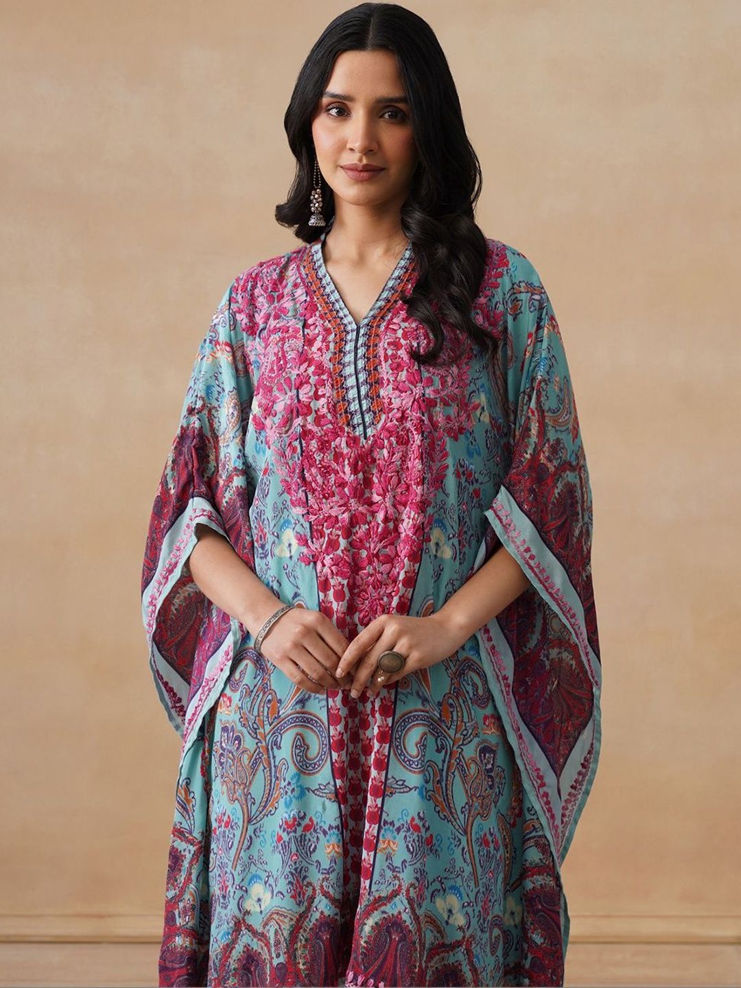 House of Chikankari Women Blue Printed Crepe Kaftan Kurta