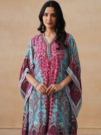 House of Chikankari Women Blue Printed Crepe Kaftan Kurta
