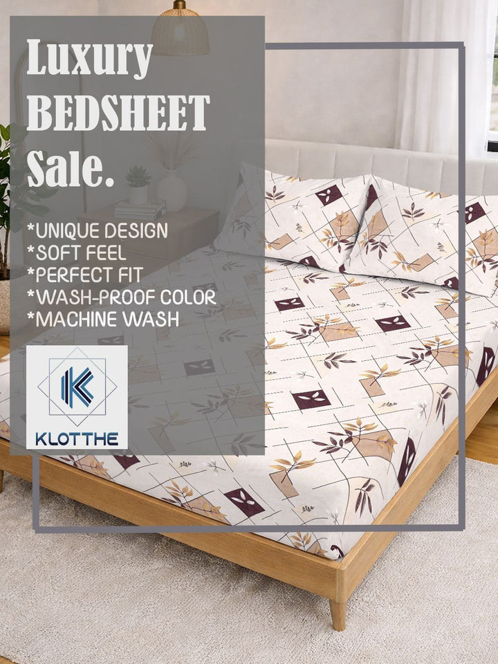 KLOTTHE Cream Color & Green Printed 300 TC Double Bedsheet & 2 Pillow Covers-2.5 m x 2.25m