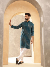 Anouk Blue Striped Embroidered Sequinned Mandarin Collar Pure Cotton Kurta With Pyjama