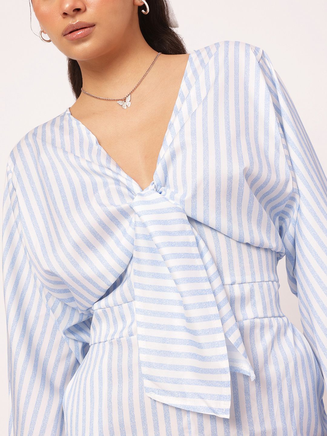 DressBerry Sassy & Stylish Tie-Up Striped Flared Sleeves Playsuit