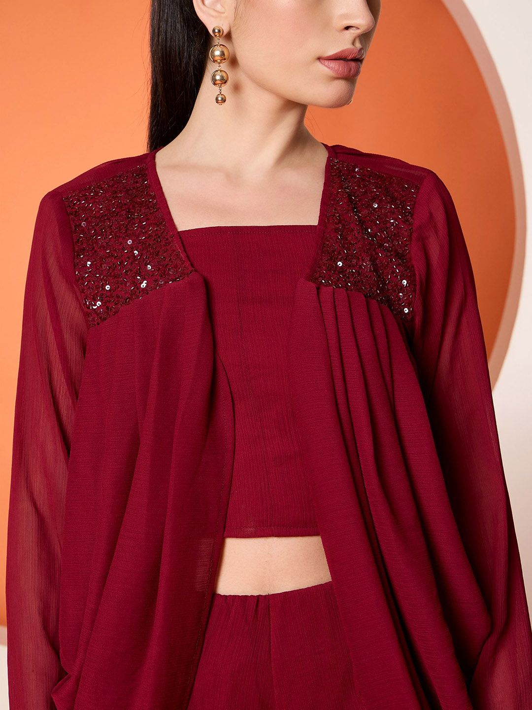 Antheaa Embellished Crop Top & Palazzo With Shrug