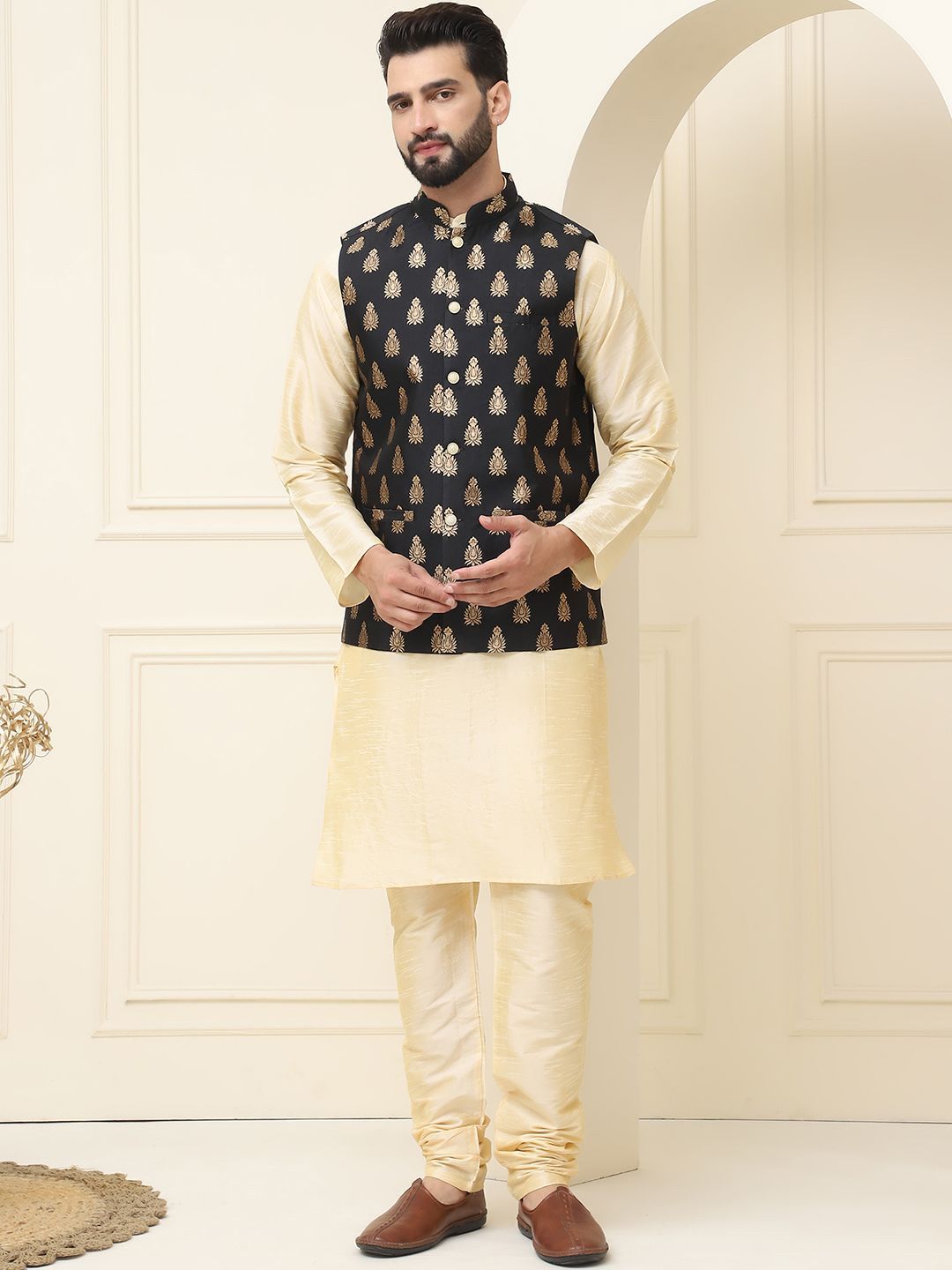 SOJANYA Mandarin Collar Silk Cotton Kurta With Churidar & Woven Design Nehru Jacket