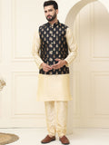 SOJANYA Mandarin Collar Silk Cotton Kurta With Churidar & Woven Design Nehru Jacket