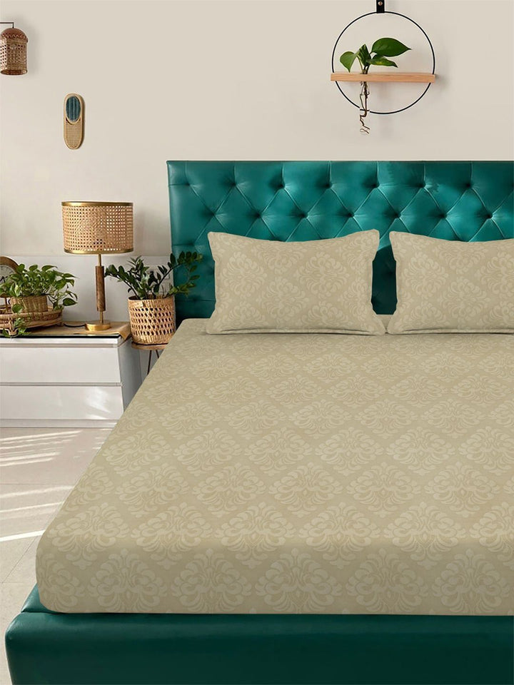 KLOTTHE Beige Embossed Fitted 300 TC King Bedsheet With 2 Pillow Cover- 2.5 m x 2.25 m