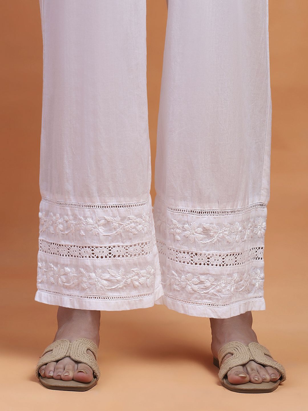 House of Chikankari Women White Cotton Chikankari Embroidered Palazzo