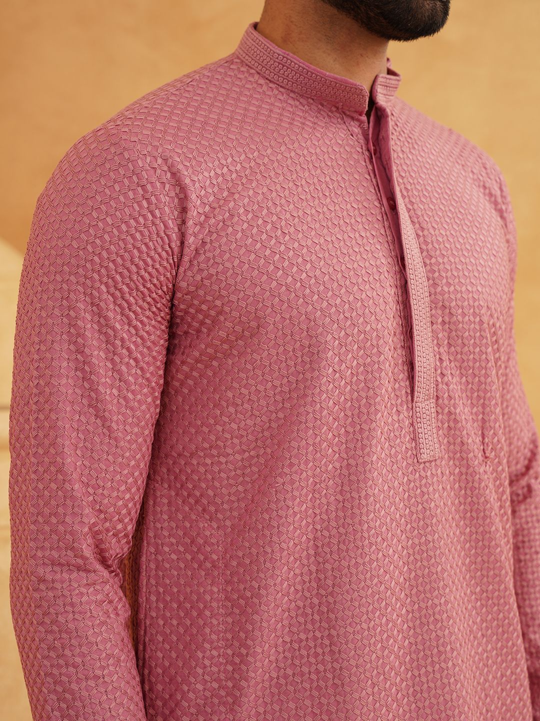SOJANYA Kolar Mandarin Sulam Geometrik Pure Cotton Kurta Lurus