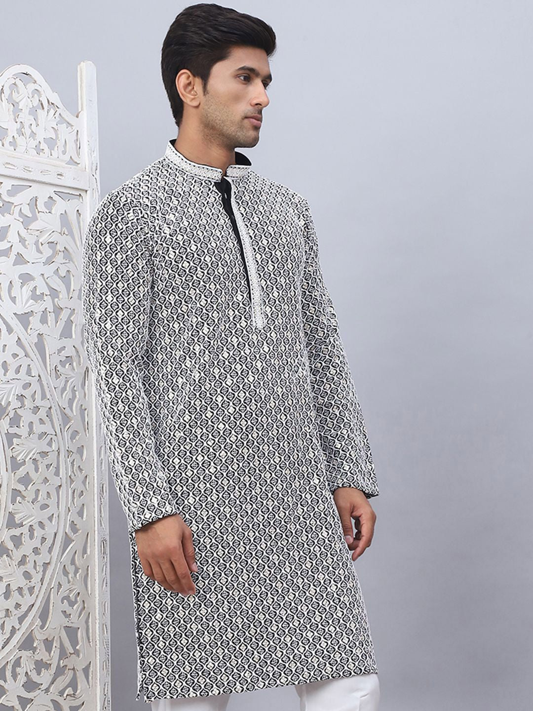 Jompers Chikankari Embroidered Mandrian Collar Cotton Straight Kurta
