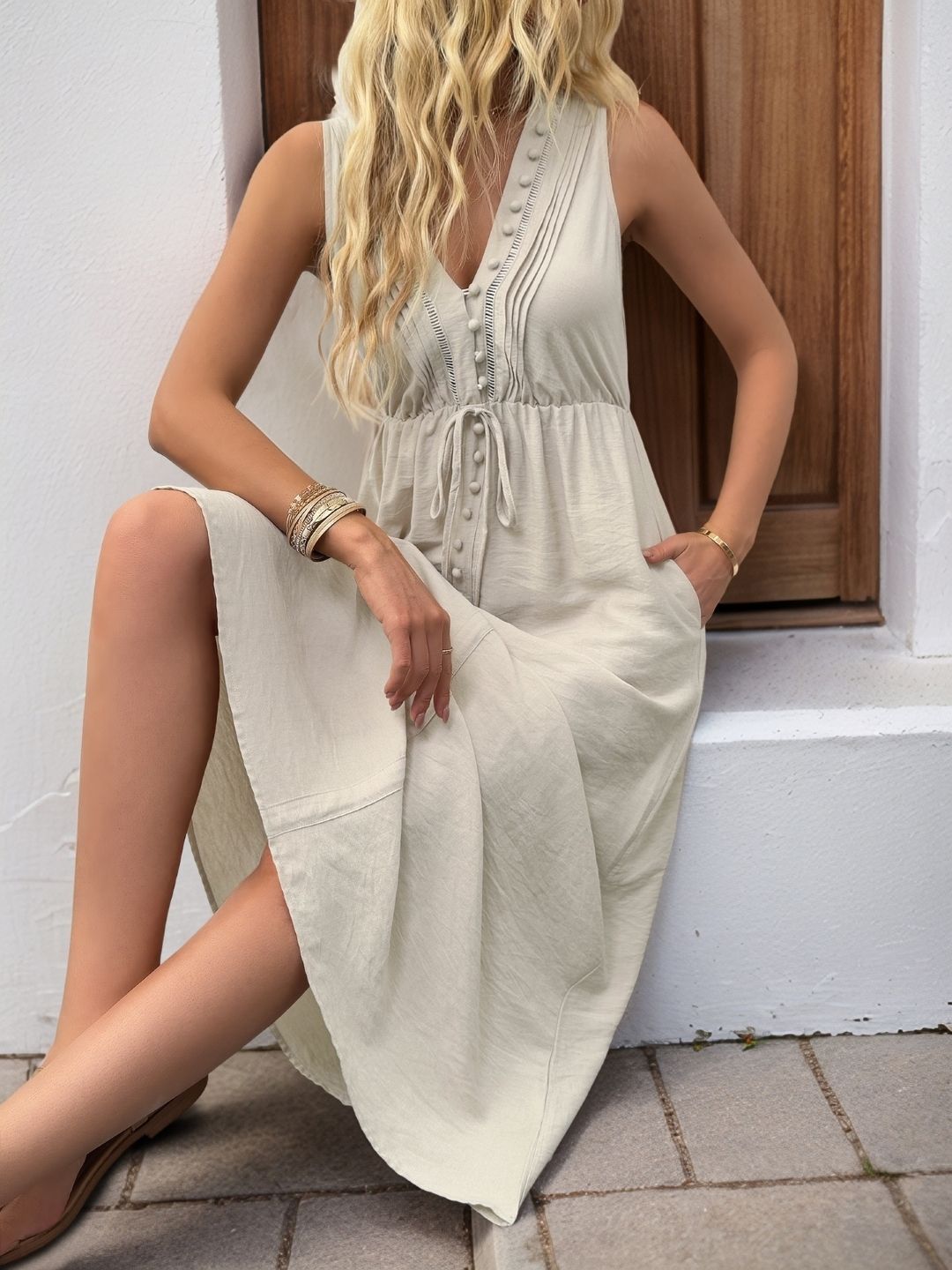 all about you Solid V-Neck A-Line Midi Dress