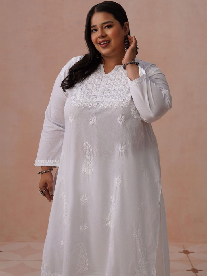 Rumah Motif Etnik Kapas Chikankari Kurta Panjang Betis Lurus