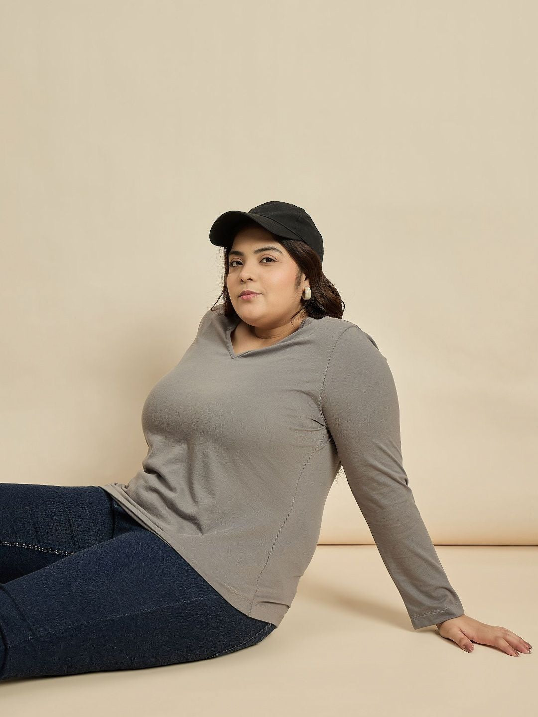 CURVY STREET Women Solid V-Neck Cotton Plus Size T-shirt