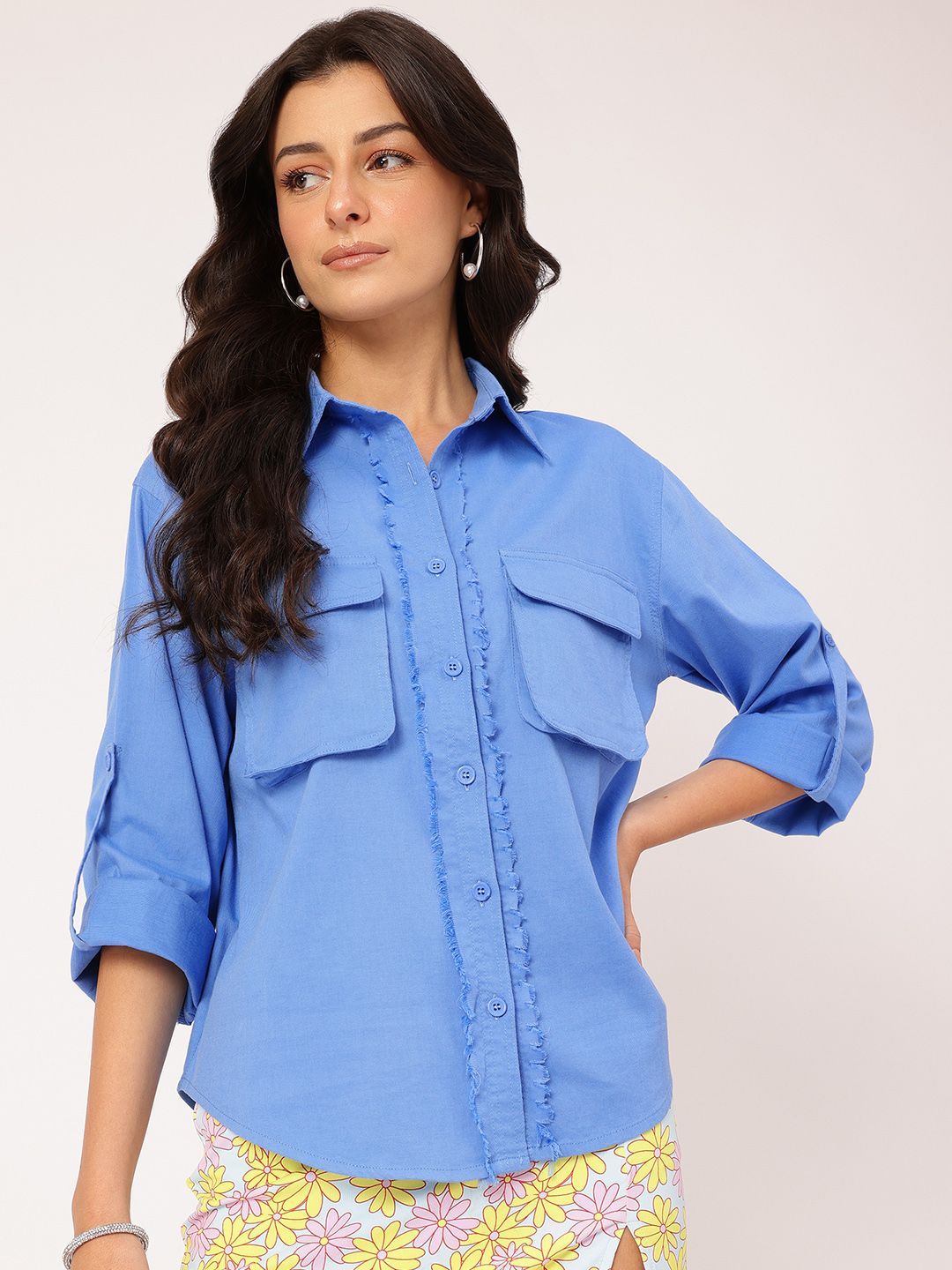 DressBerry Functional Fashion Roll-Up Sleeves Pockets Fringed Placket Shirt