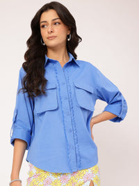 DressBerry Functional Fashion Roll-Up Sleeves Pockets Fringed Placket Shirt