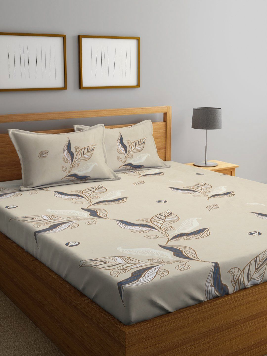 Myntra Elegant Homes Beige Floral Cotton 300 TC Fitted King Cadar Tempat Tidur Halus dengan 2 Sarung Bantal-98 x 87 inci