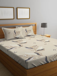 Myntra Elegant Homes Beige Floral Cotton 300 TC Fitted King Cadar Tempat Tidur Halus dengan 2 Sarung Bantal-98 x 87 inci