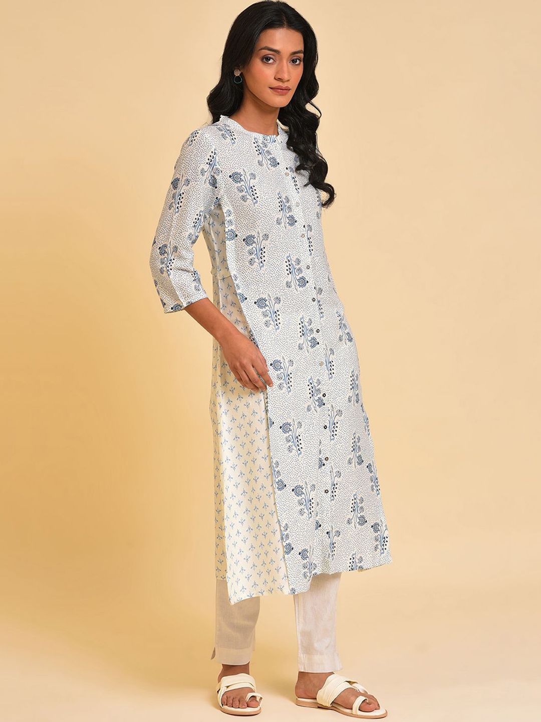 W Floral Printed Band Collar A Line Kurta