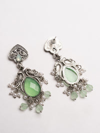 PANASH Silver-Plated Stones Studded And Beaded Contemporary Shaped Oxidized Drop Earrings