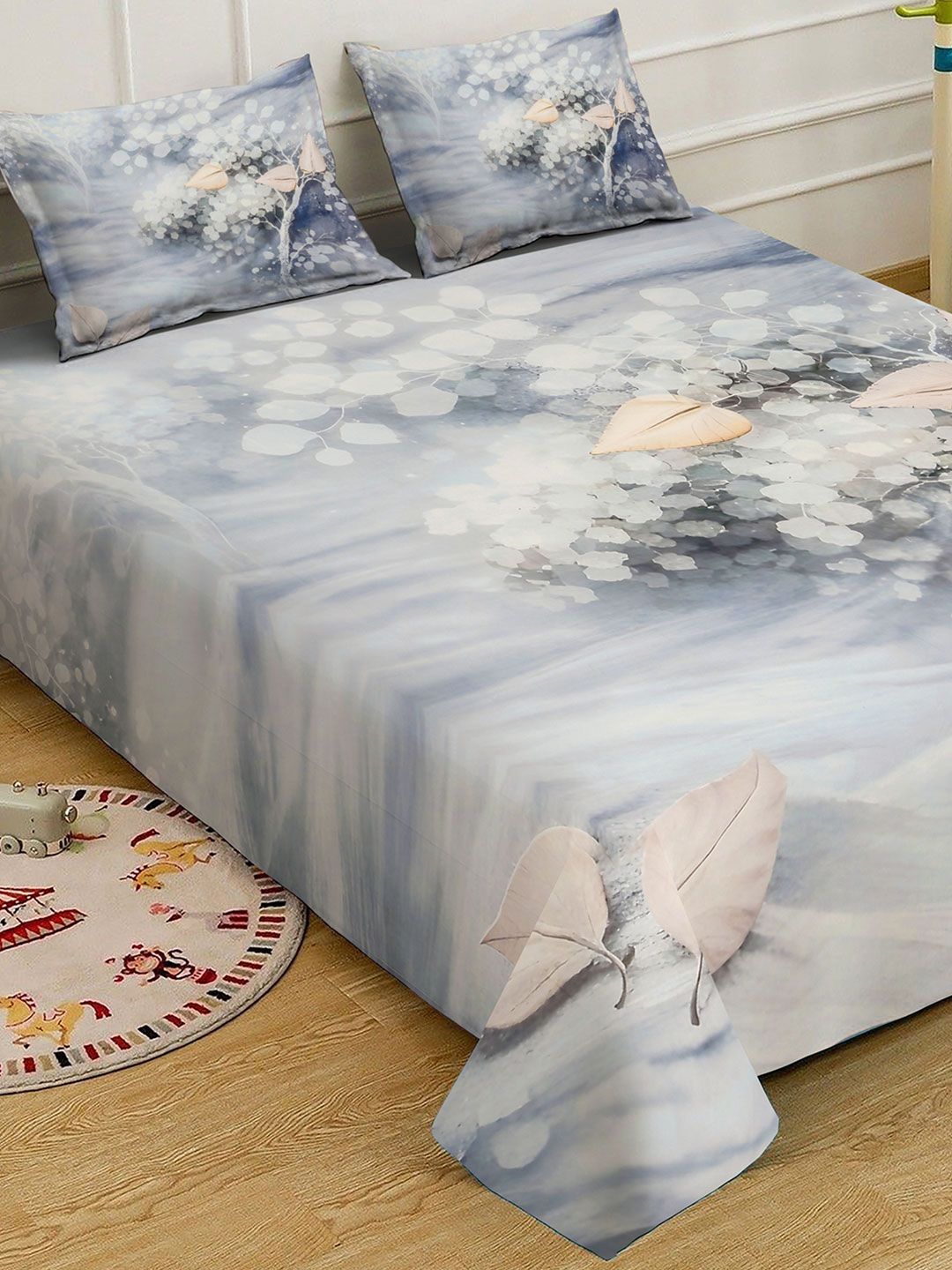 KLOTTHE Putih & Kelabu Bercetak Bunga Dilengkapi Cadar 300 TC King Halus Dengan 2 Sarung Bantal