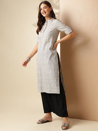 Anouk Grey Striped Woven Design Mandarin Collar Short Sleeves Pure Cotton Kurta