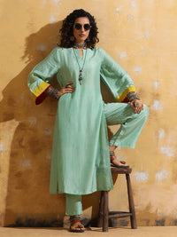 trueBrowns Women Mint Green Muslin Silk High-Slit Kurta Pant Set