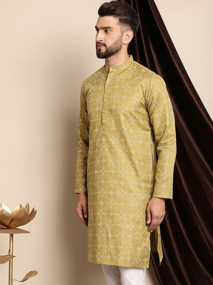 Anouk Ethnic Motifs Printed Band Collar Cotton Linen Regular Kurta