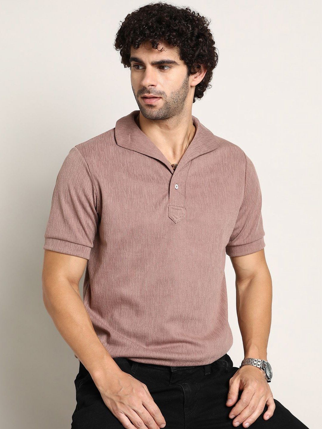 Campus Sutra Men Self Design Polo Collar Cotton T-shirt