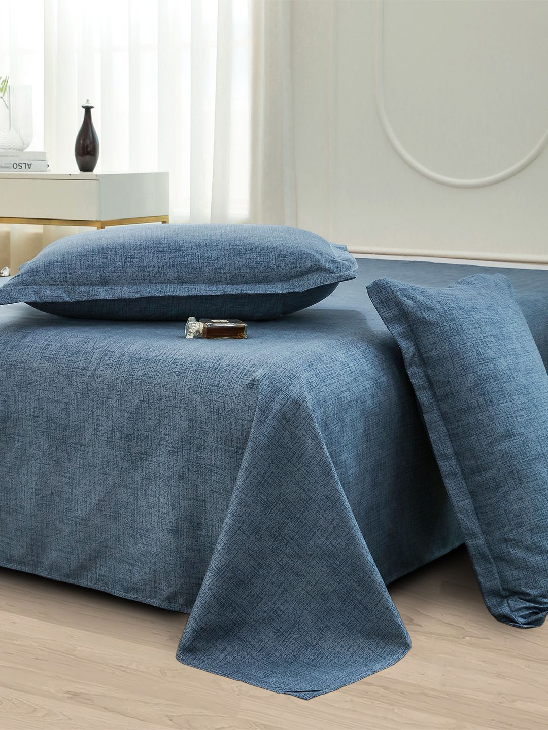 Story@home Blue Abstract Printed 240 TC Satin Finish Queen Bedsheet Set