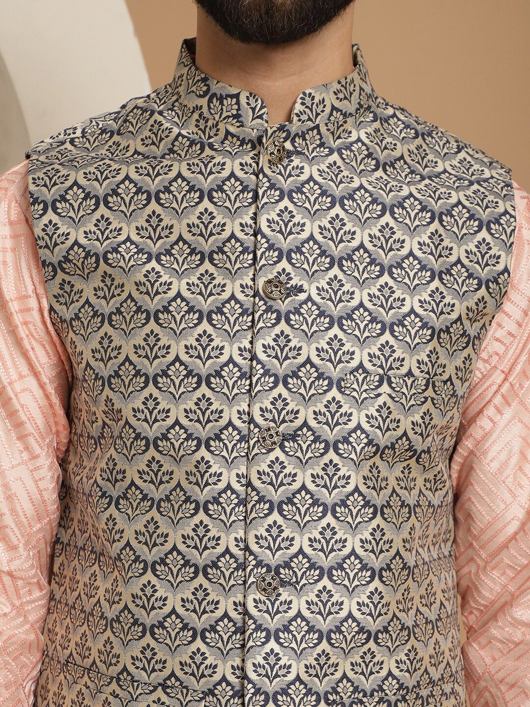 Anouk Pink Ethnic Motifs Woven Design Straight Kurta With Churidar & Nehru Jacket
