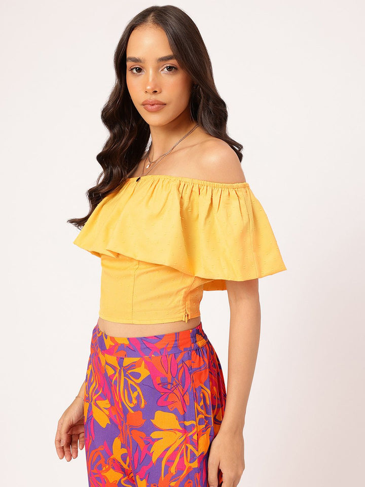 DressBerry Ruffle Ramble Dobby Bardot Crop Top