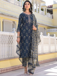 KALINI Floral Printed V Neck Straight Kurta With Trousers & Duppatta